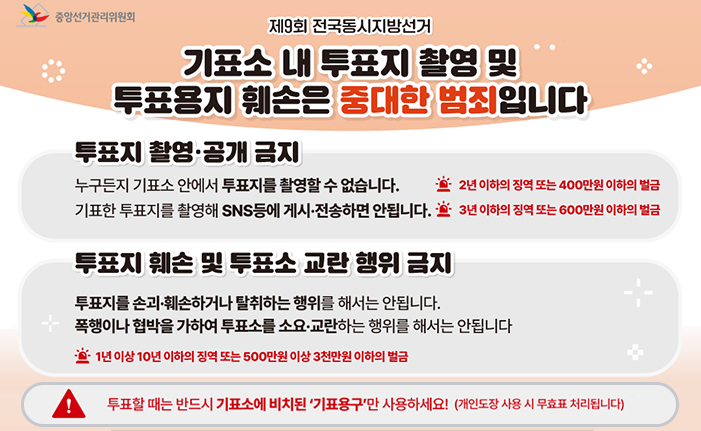 중앙선거관리위원회 제9회 전국동시지방선거 [기표소 내 투표지 촬영 및 투표용지 훼손은 중대한 범죄입니다] 1. 투표지 촬영·공개 금지 ·누구든지 기표소 안에서 투표지를 촬영할 수 없습니다. 2년 이하의 징역 또는 400만원 이하의 벌금 ·기표한 투표지를 촬영해 SNS등에 게시·전송하면 안 됩니다. 3년 이하의 징역 또는 600만원 이하의 벌금 2. 투표지 훼손 및 투표소 교란 행위 금지 ·투표지를 손괴훼손하거나 탈취하는 행위를 해서는 안 됩니다. ·폭행이나 협박을 가하여 투표소를 소요.교란하는 행위를 해서는 안 됩니다. 1년 이상 10년 이하의 징역 또는 500만원 이상 3천만원 이하의 벌금 투표할 때는 반드시 기표소에 비치된 기표용구만 사용하세요! (개인도장 사용 시 무효표 처리됩니다) 